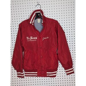 Vintage Red white bomber varsity jacketVic Haus' RestaurantJuanita script font